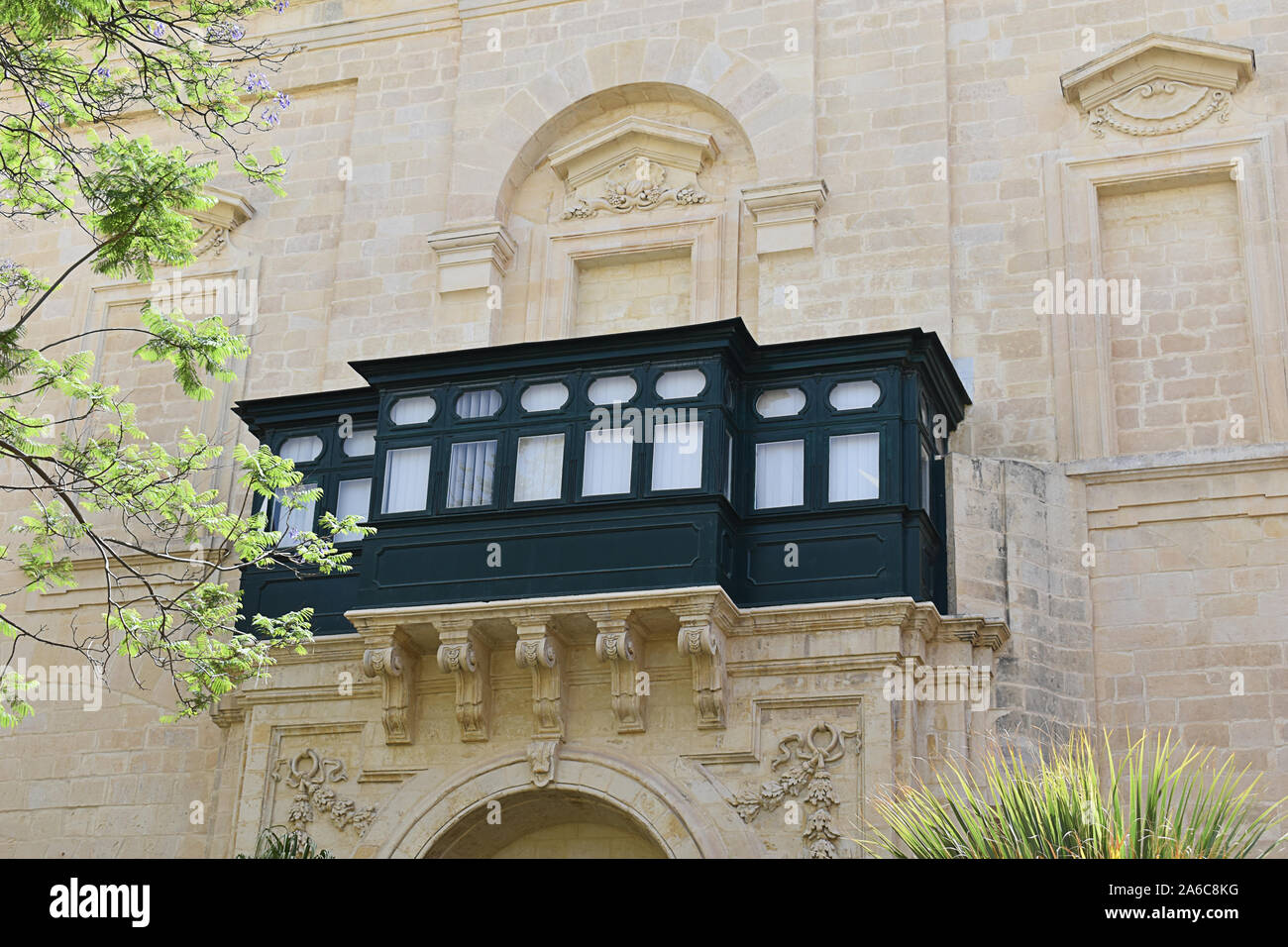 Architectural Balcony, Great Hall entrance, Prince Alfred courtyard, Grand Master's Palace, Valletta, Malta Stock Photo