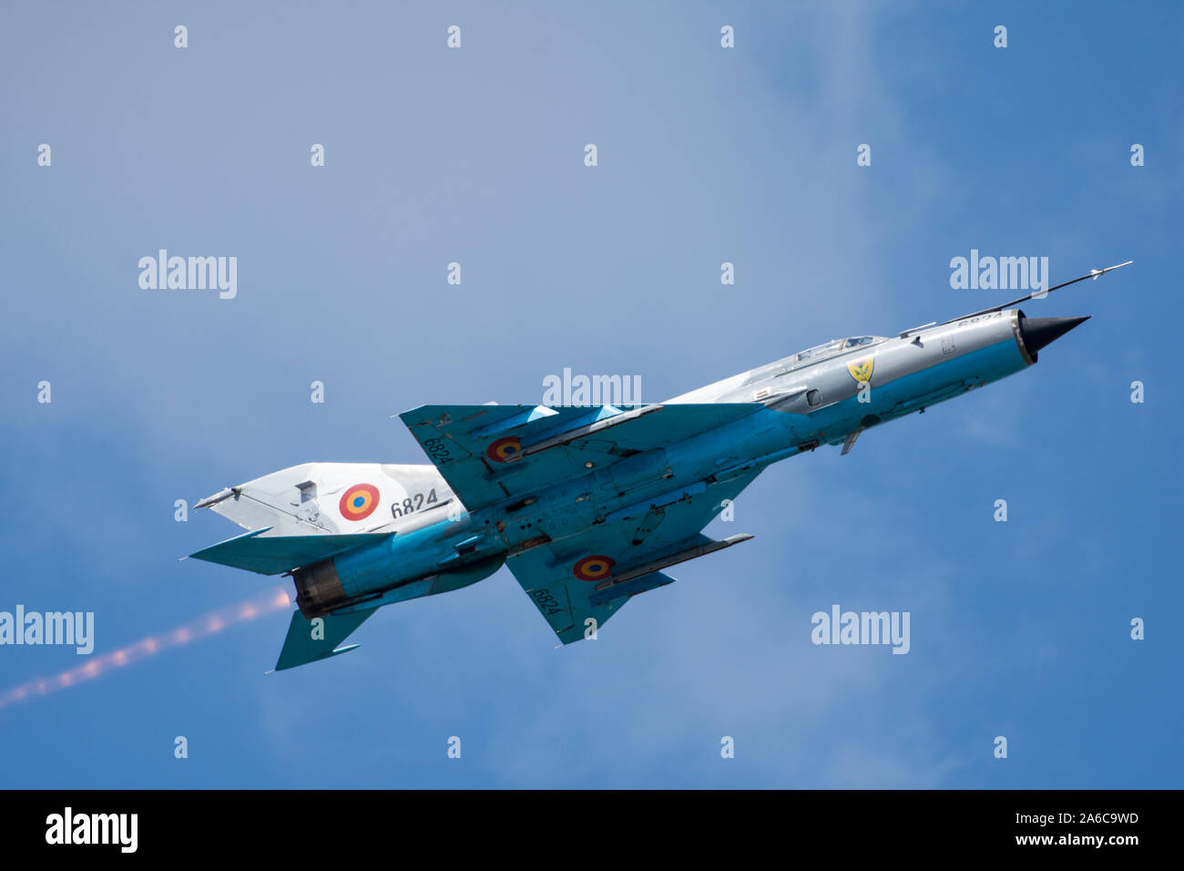 Bucharest, Romania - August 24 2019. Bucharest International Air Show BIAS 2019: MiG 21 Romanian Air Force solo evolution Stock Photo