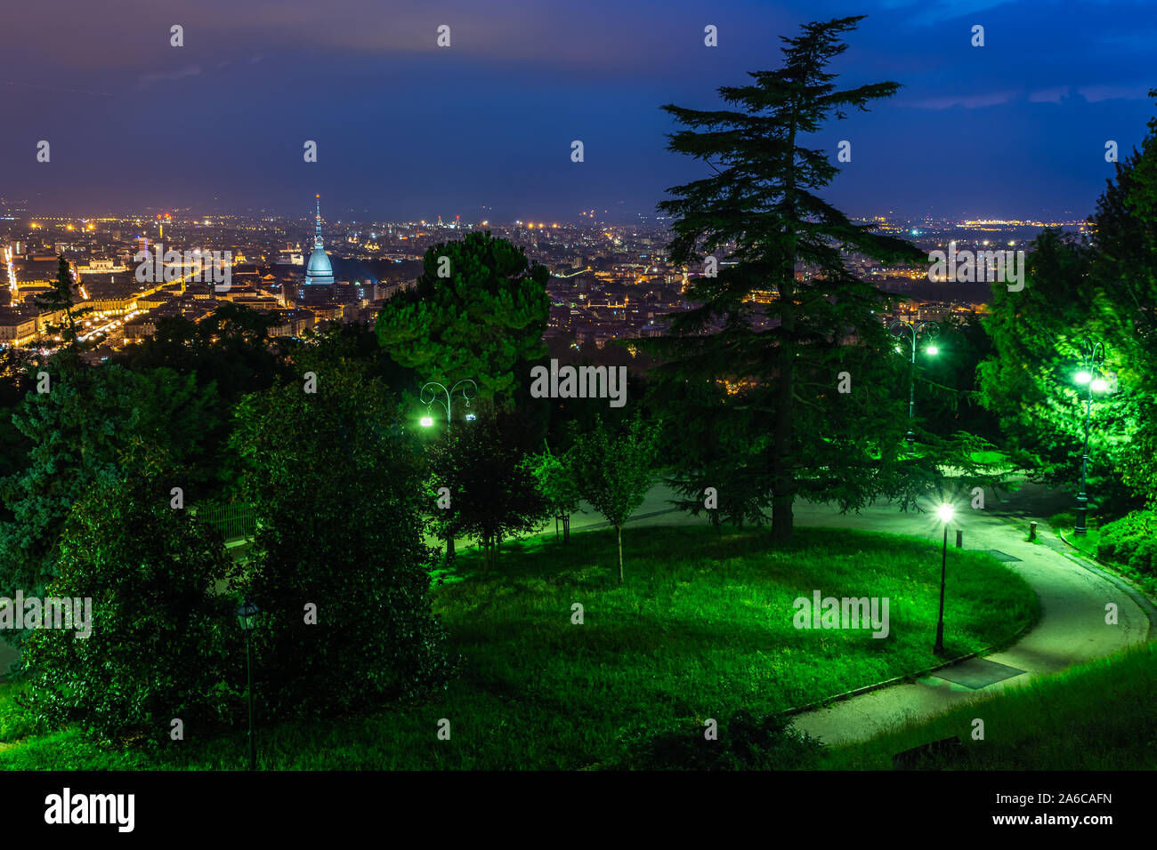 The view of Turin, from a park on top of the hill. Stock Photo