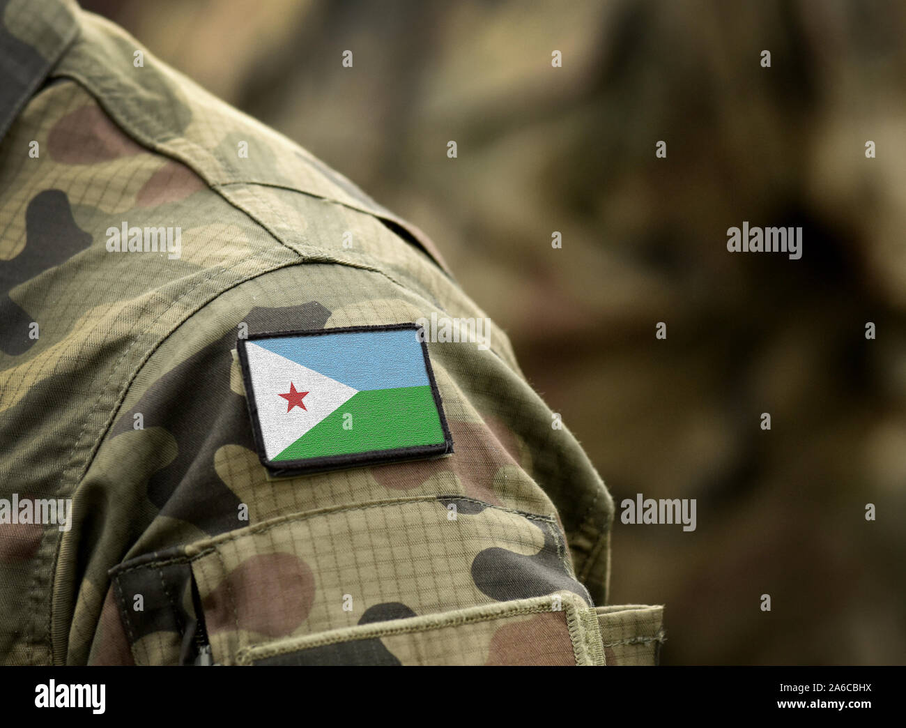 Flag of Djibouti on military uniform. Army, troops, soldiers, Africa, (collage). Stock Photo