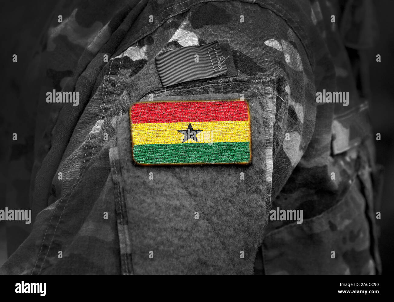 Flag of Ghana on military uniform. Army, troops, soldiers, Africa, (collage). Stock Photo
