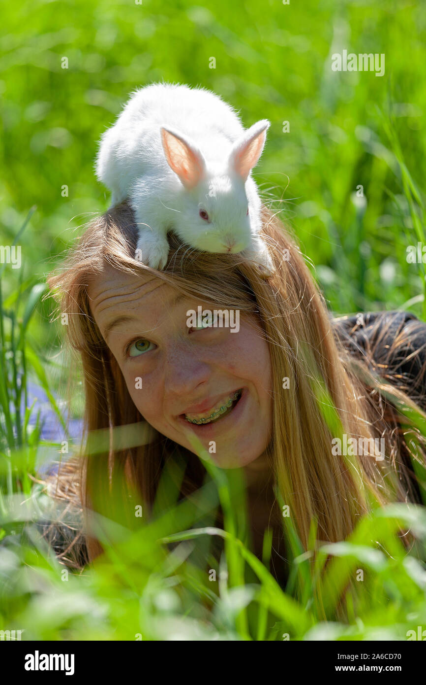 A white rabbit sitting on a girl´s head. Stock Photo