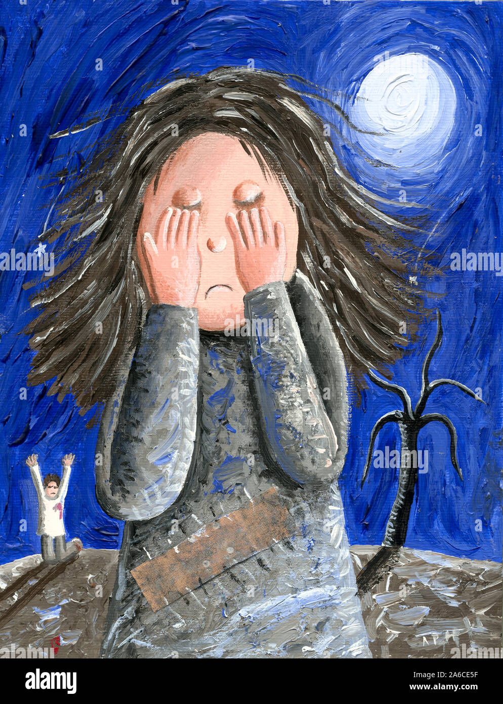 Acrylic illustration of the sad, lonely, unhappy, disappointed ...