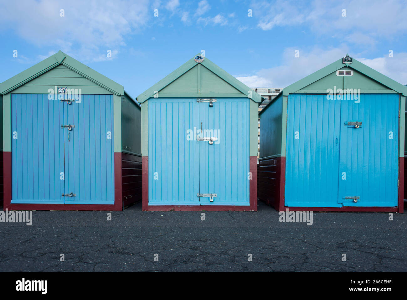 British seaside beach huts in Brighton & Hove, East Sussex Stock Photo