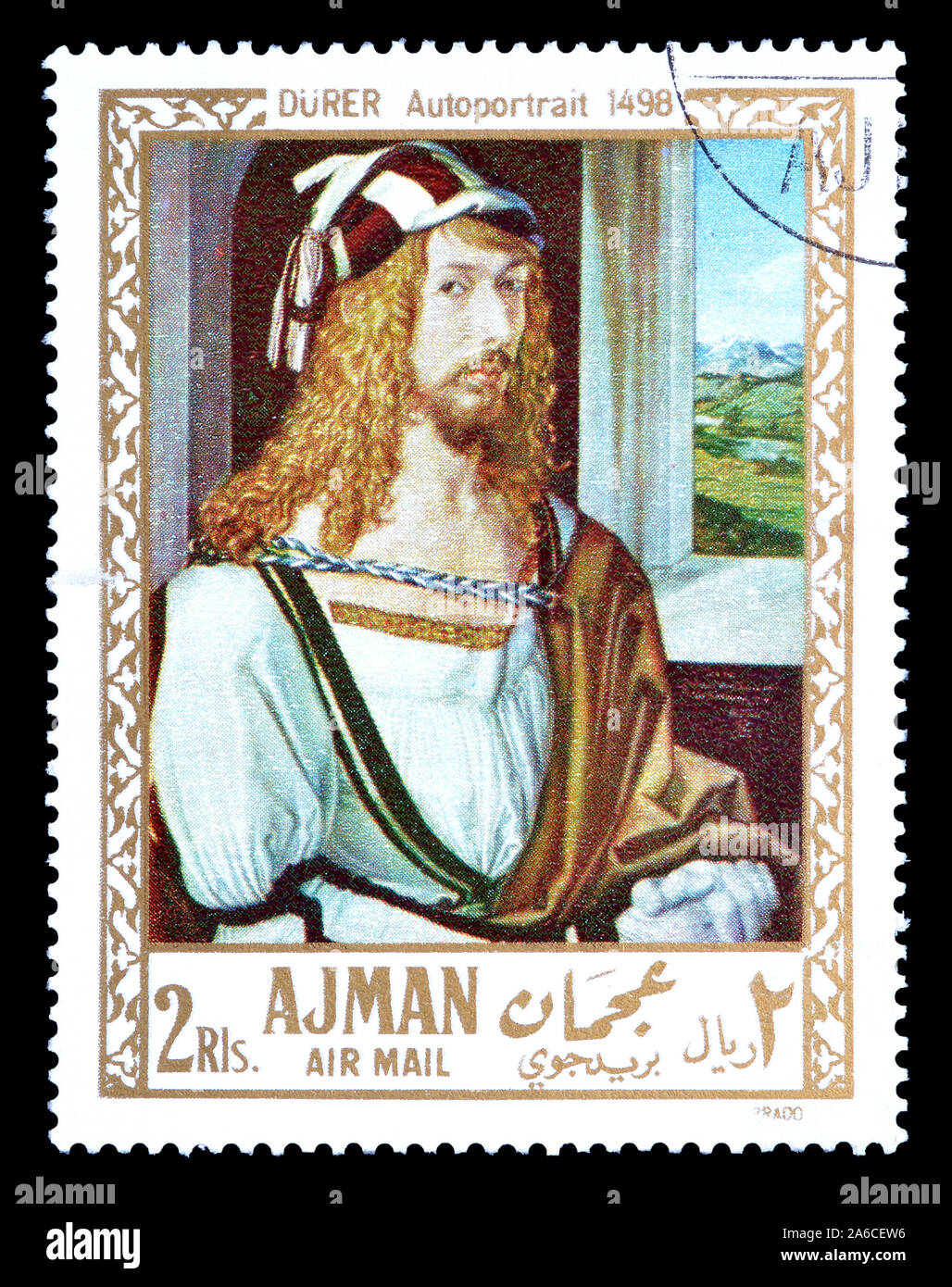 Cancelled postage stamp printed by Ajman, that shows Painting Self Portrait by Durer, circa 1971. Stock Photo