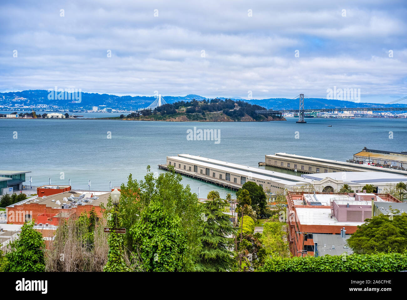 Top view from Coit tower on Pier 23, Treasure island and Oakland Bay Bridge in San Francisco, USA Stock Photo