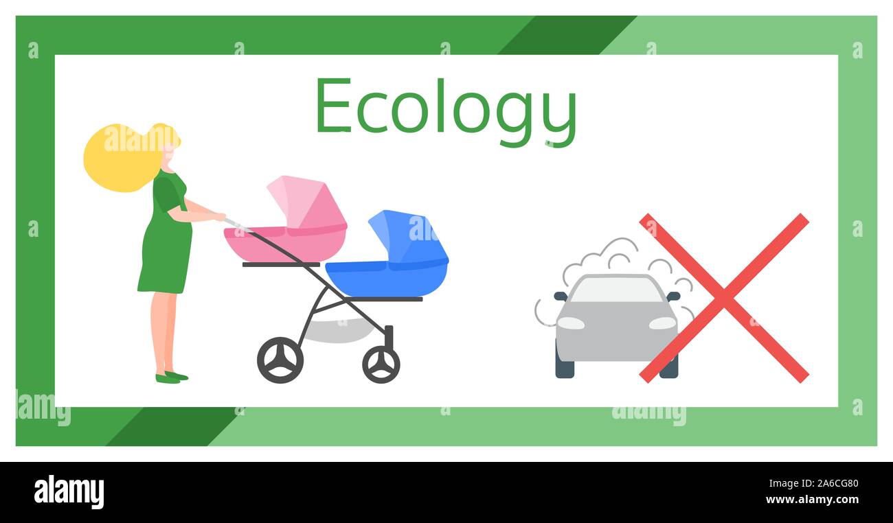Vector illustration with pregnant woman, baby stroller and car, emits smog exhaust. Air