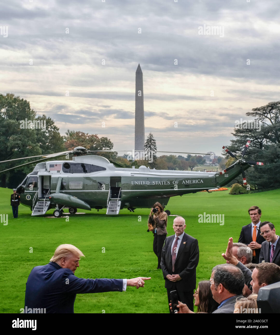 Washington DC, USA. 25th Oct, 2019. President Donald Trump speaks to the press before his departure from the White House on October 25, 2019 in Washington, DC. President Trump is going to South Carolina. Credit: MediaPunch Inc/Alamy Live News Stock Photo