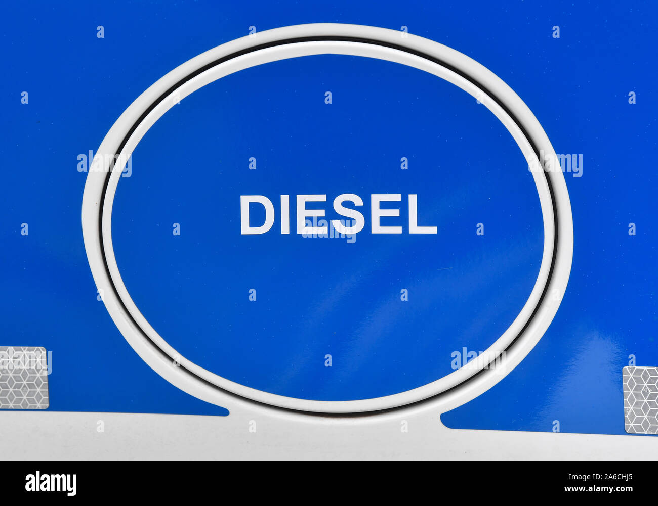 24 October 2019, Brandenburg, Frankfurt (Oder): The inscription 'Diesel' on a fuel filler flap on a police vehicle. Photo: Patrick Pleul/dpa-Zentralbild/ZB Stock Photo