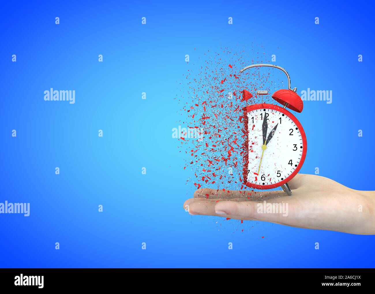 Alarm clock red on a blue background explodes in the girl's hands. 3D ...