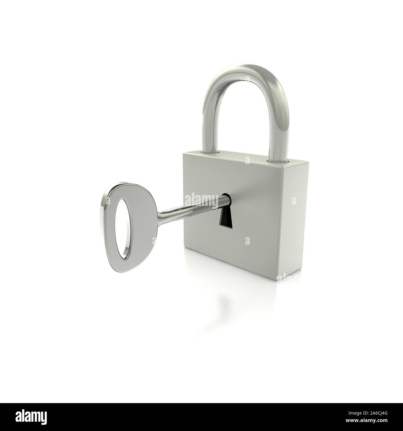 Steel lock with key on reflective floor. Isolated on white background ...