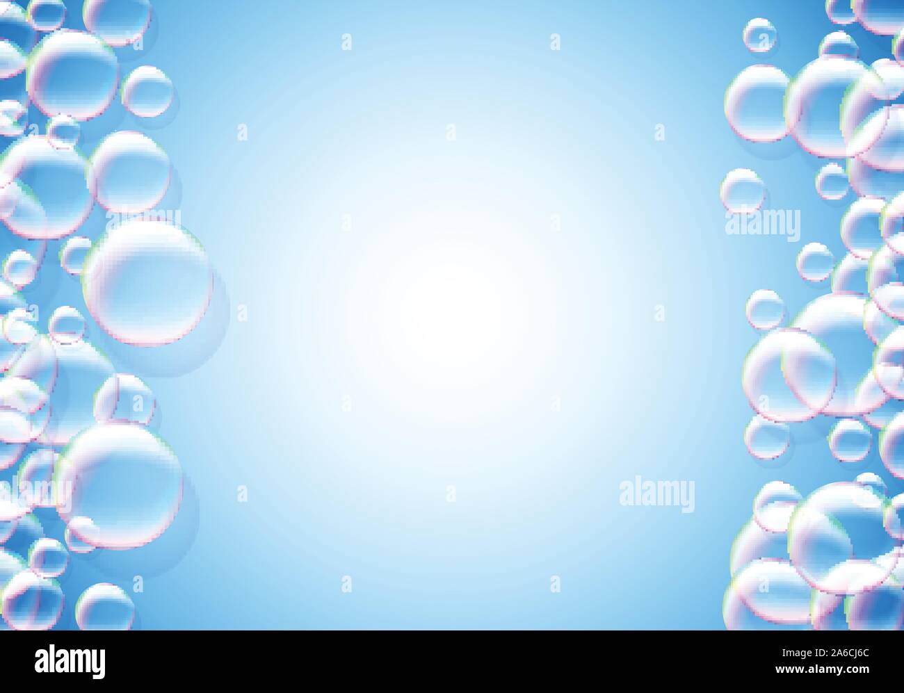 Soap bubbles abstract blue background with rainbow colored airy foam ...