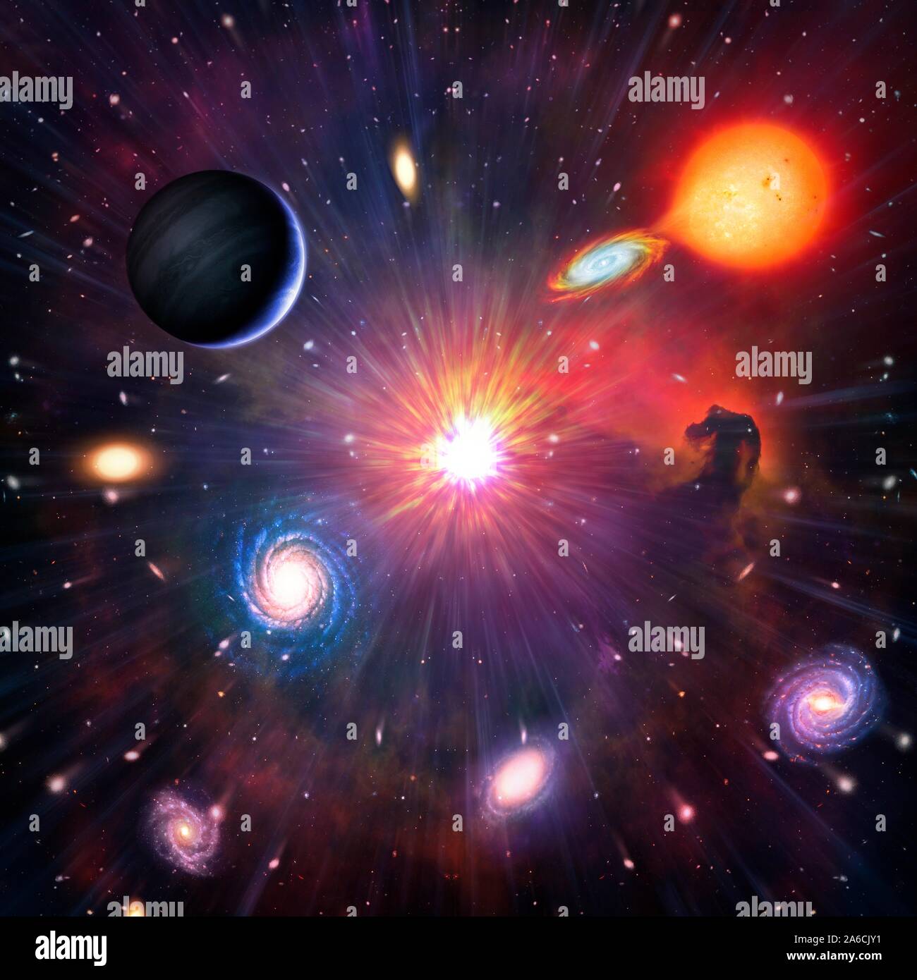 This is a conceptual illustration representing space and astronomy on general. It shows the various objects that can be found in the Universe: planets, moons, stars including binary stars, nebulae and galaxies. Stock Photo