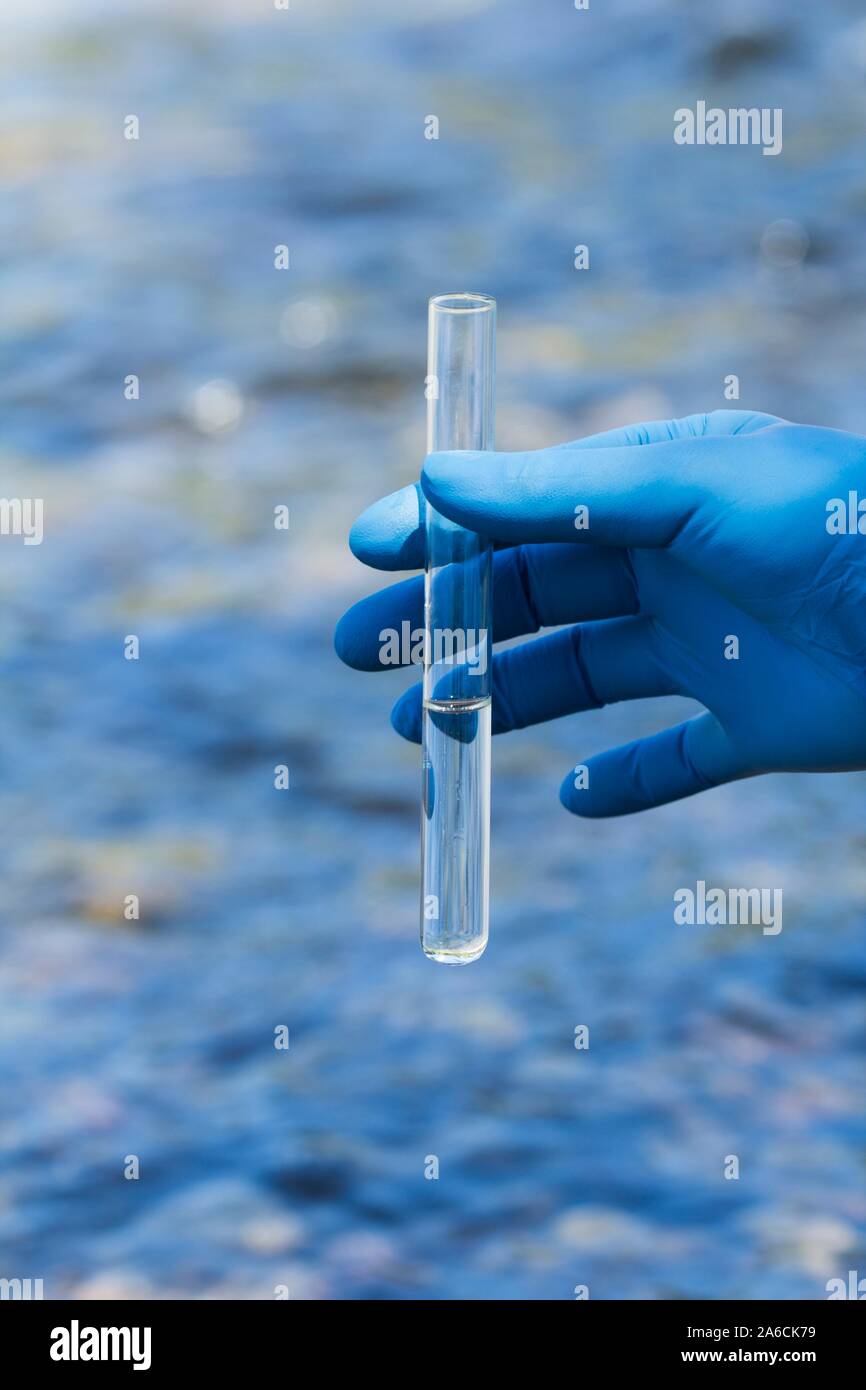 Sampling water in test tube for quality testing. Stock Photo