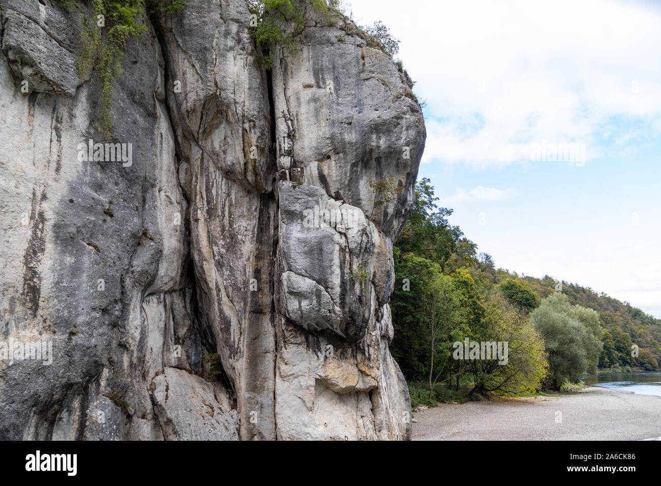 Close-up of limestone rock formation at Danube breakthrough near Kelheim, Bavaria, Germany in autumn Stock Photo