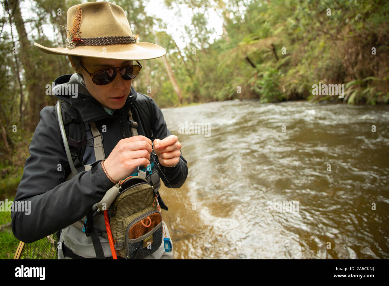 Female fly fishing guide fishing on Steavenson River, Victoria, Australia Stock Photo Alamy