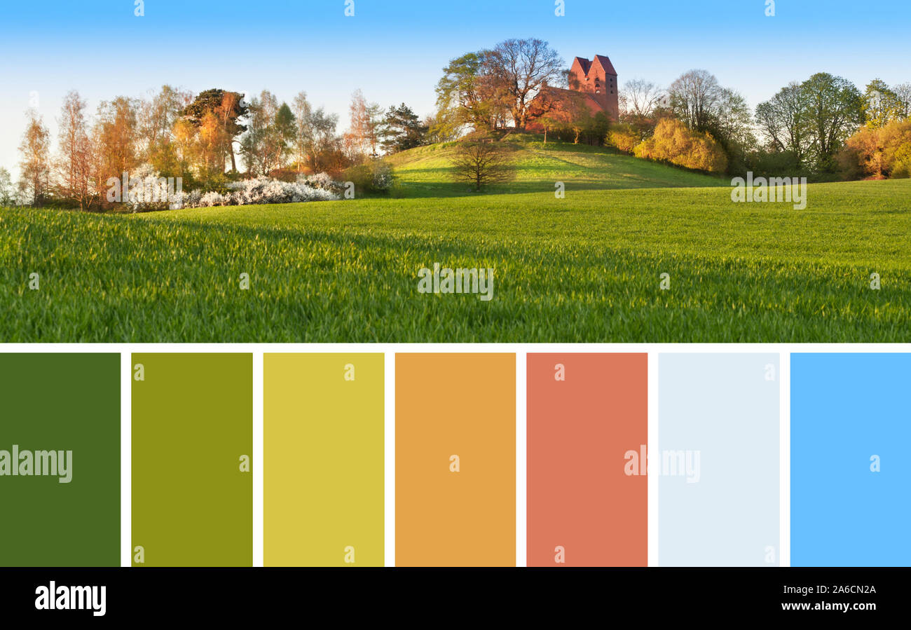 Color matching palette from Spring landscape with historical brick church captured in Binz on island Ruegen, Northern Germany Stock Photo