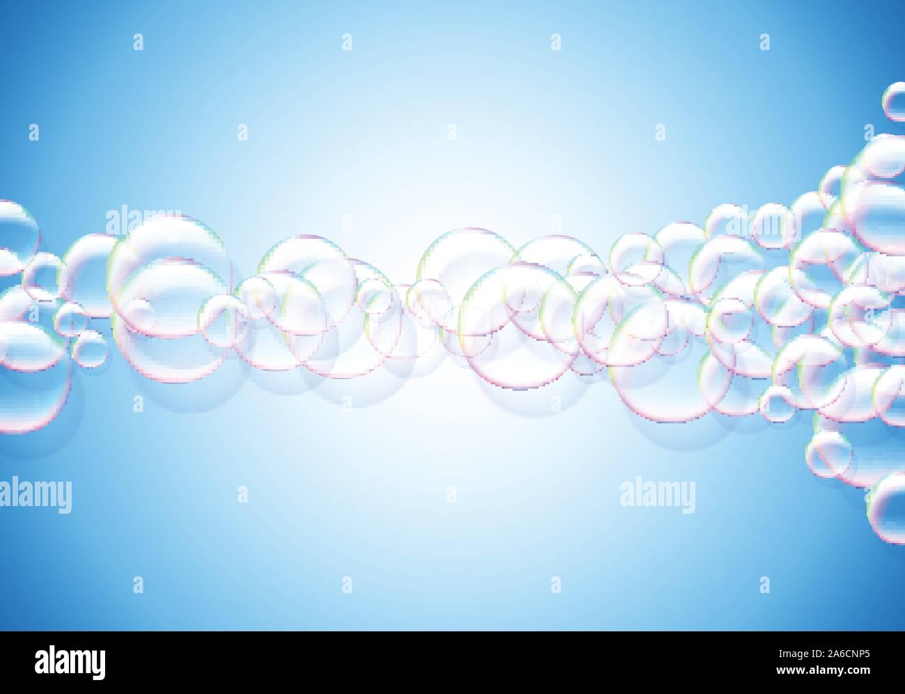 Soap bubbles abstract blue background with rainbow colored airy foam ...
