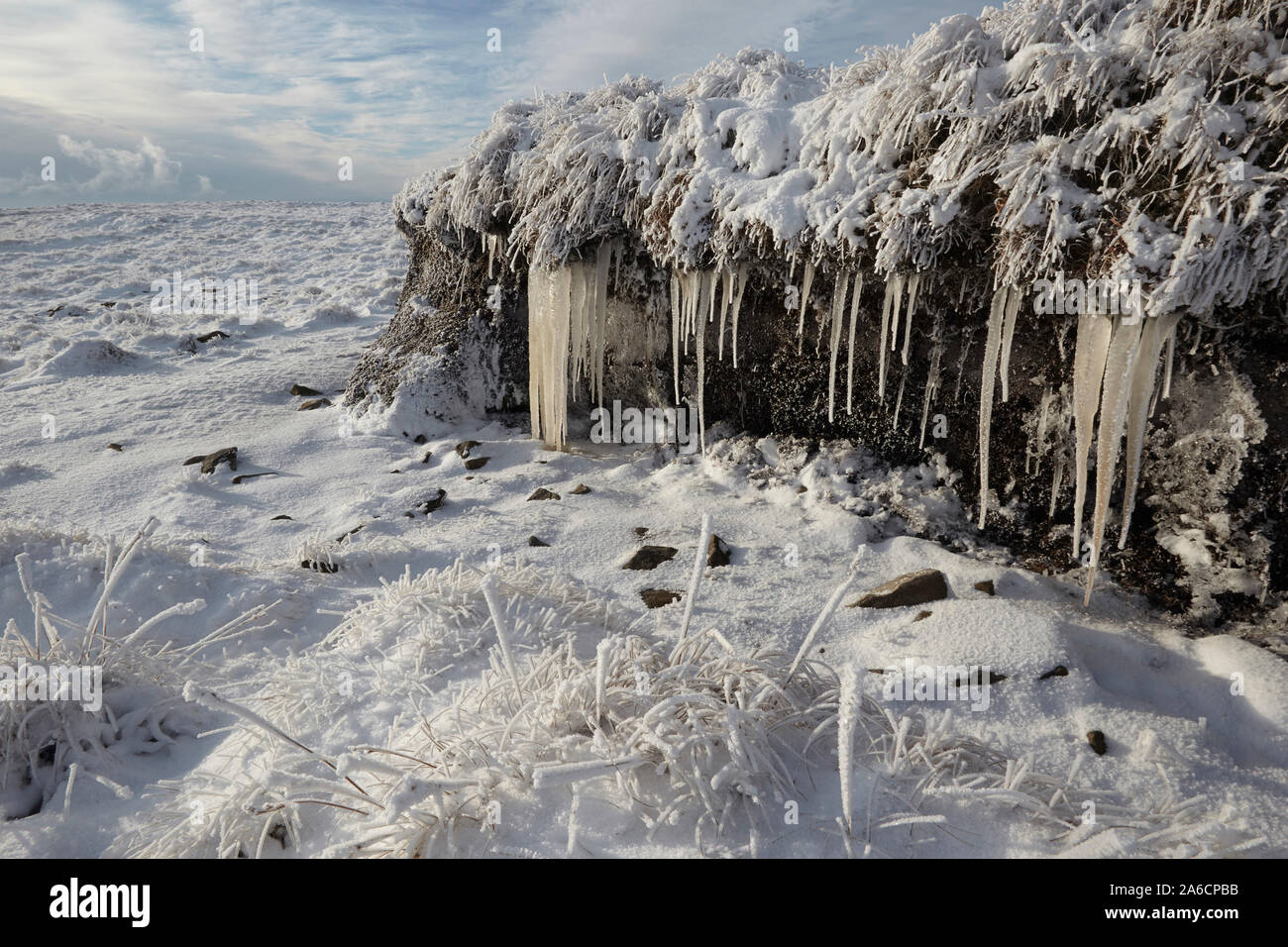 Icicles and hoar frost on Whernside carpeted in snow and ice mid winter Yorkshire Dales Stock Photo