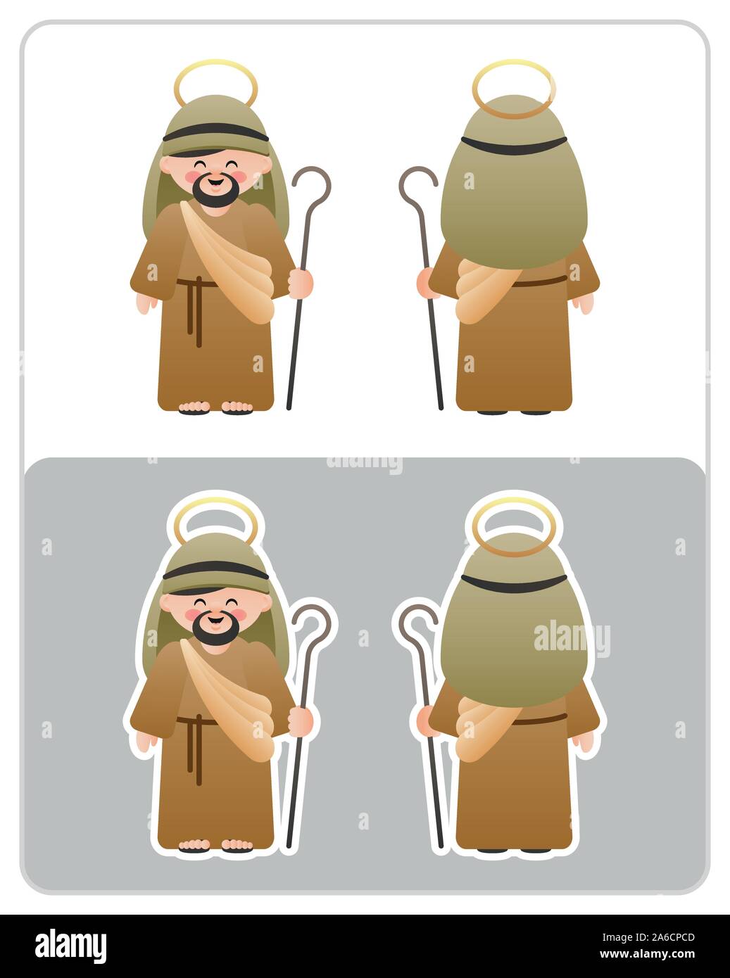 Two Sided Nativity icon and sticker of the Joseph, husband of Mary. Cute cartoon character. Vector illustration without transparency. Stock Vector