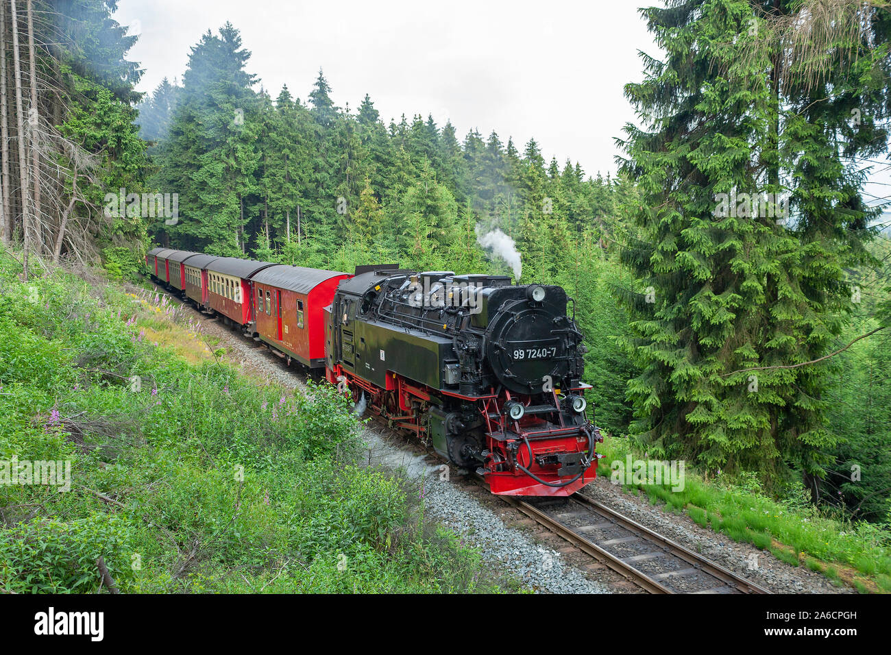 The steam railway is climbing the Brocken Mountain in the Harz Mountains, Germany. Stock Photo