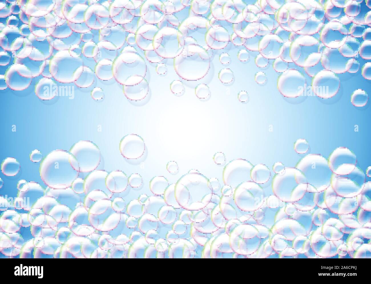 Soap bubbles abstract blue background with rainbow colored airy foam ...