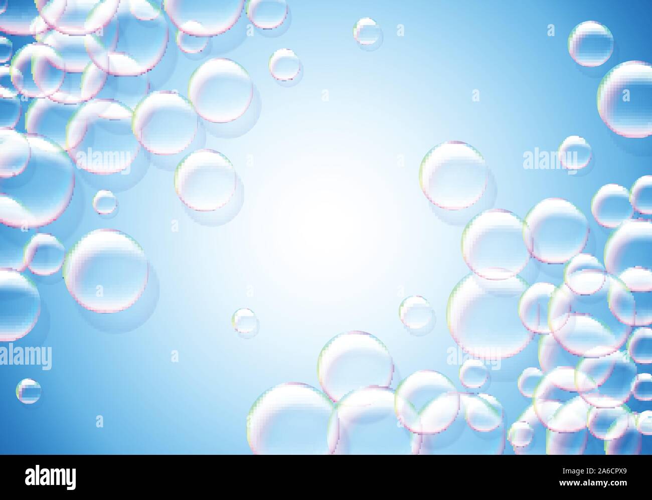 Soap bubbles abstract blue background with rainbow colored airy foam ...