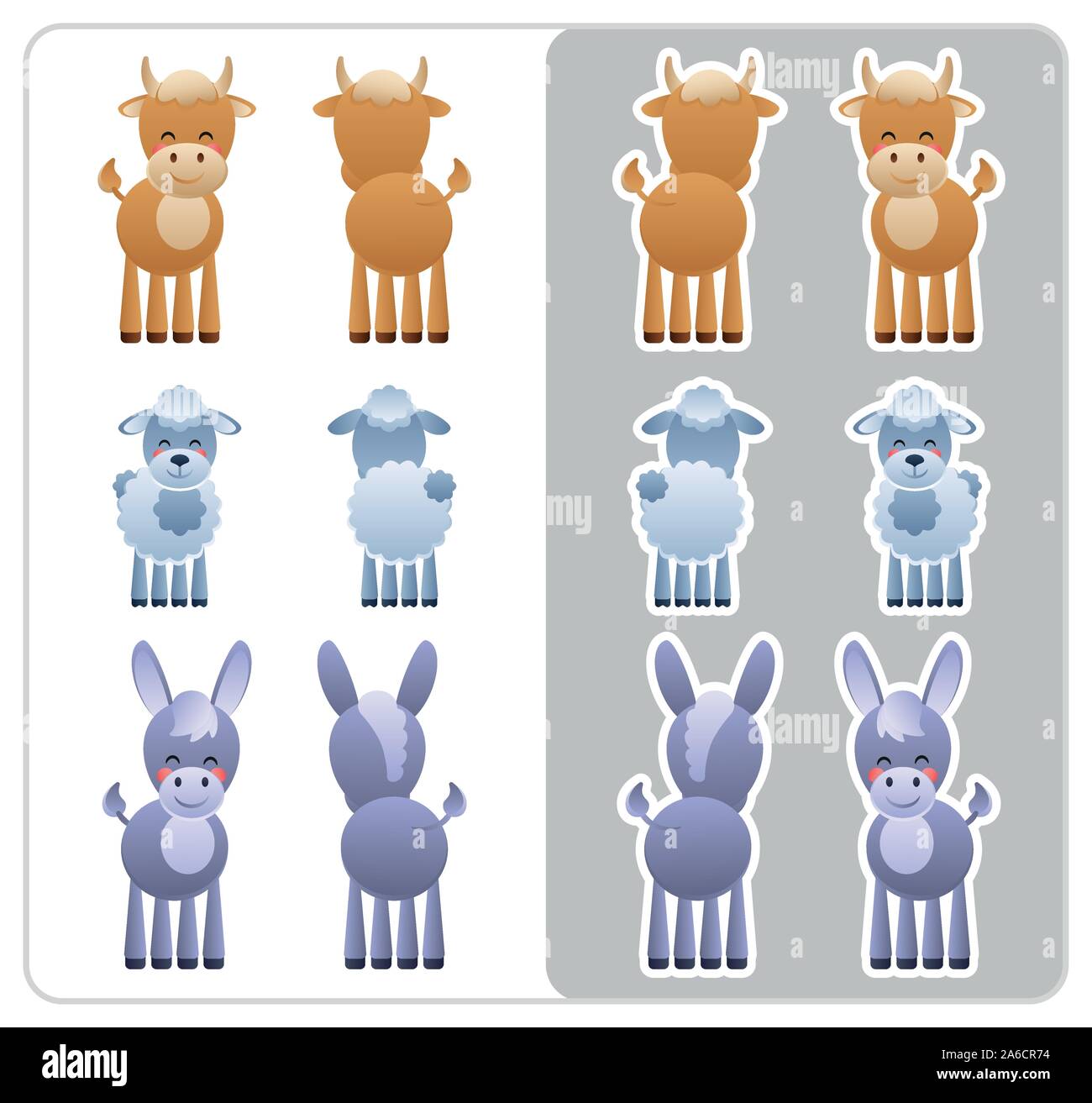 Two Sided icons and stickers of the farm animals Bull, Donkey and Sheep ...