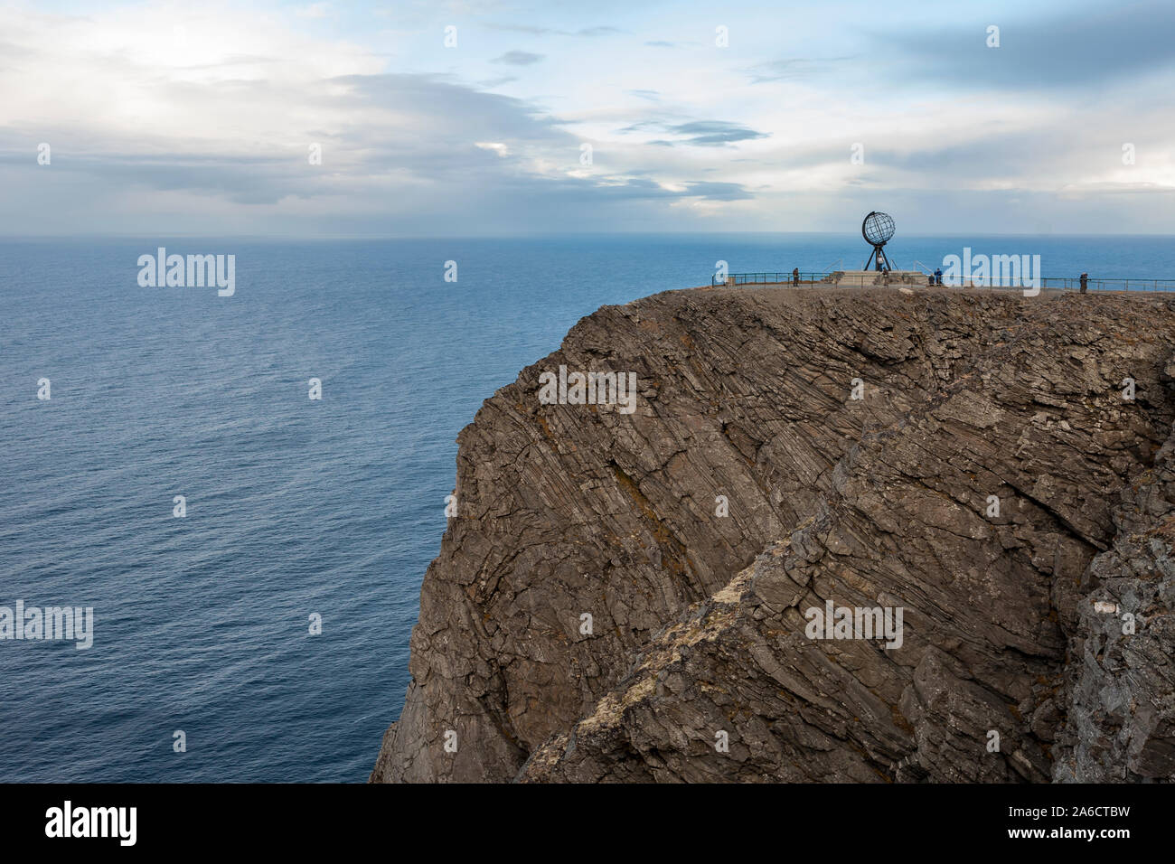 The Nordkapp (North Cape) Globe Monument, Magerøya, Finnmark, Northern Norway, perched on the iconic headland above the Barents Sea Stock Photo