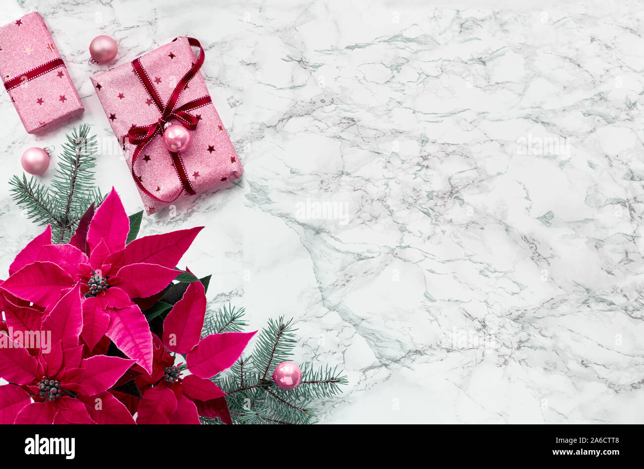 Christmas flat lay with vibrant fuchsia colored poinsettia, wrapped gift boxes, natural green fir twigs and pink trinkets, copy-space Stock Photo