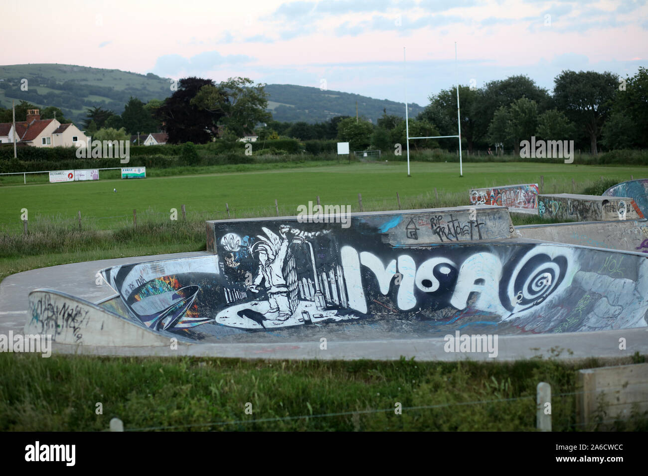 June 2016 - Graffiti on the skate park in the Somerset village of Cheddar Stock Photo