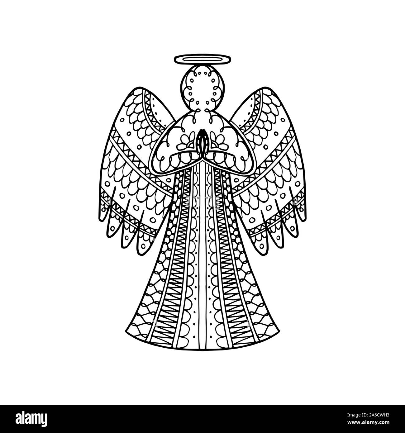 Vector illustration of hand drawn zentangle angel. New year coloring page book antistress Stock Vector