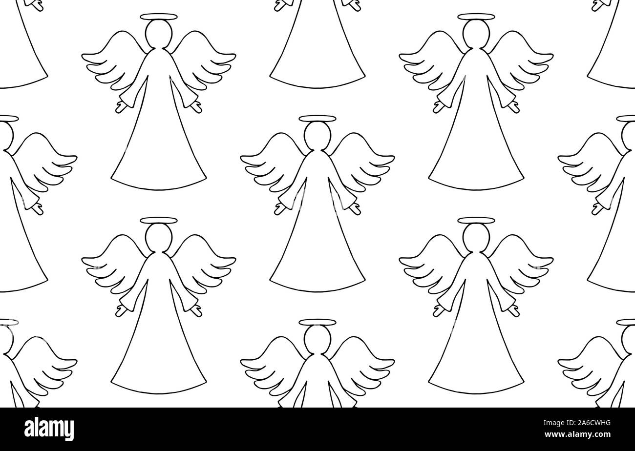 Vector seamless pattern of black contour of angels on white background Stock Vector