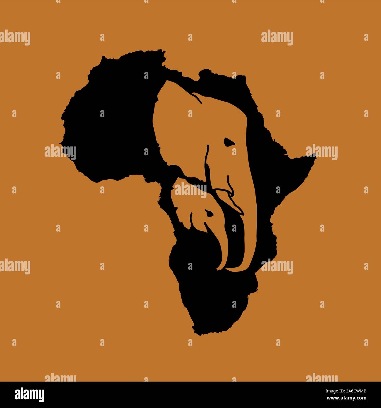 Vector silhouette of black Africa with two brown elephant head silhouette inside on brown background. Elephant mother and baby head logotype Stock Vector