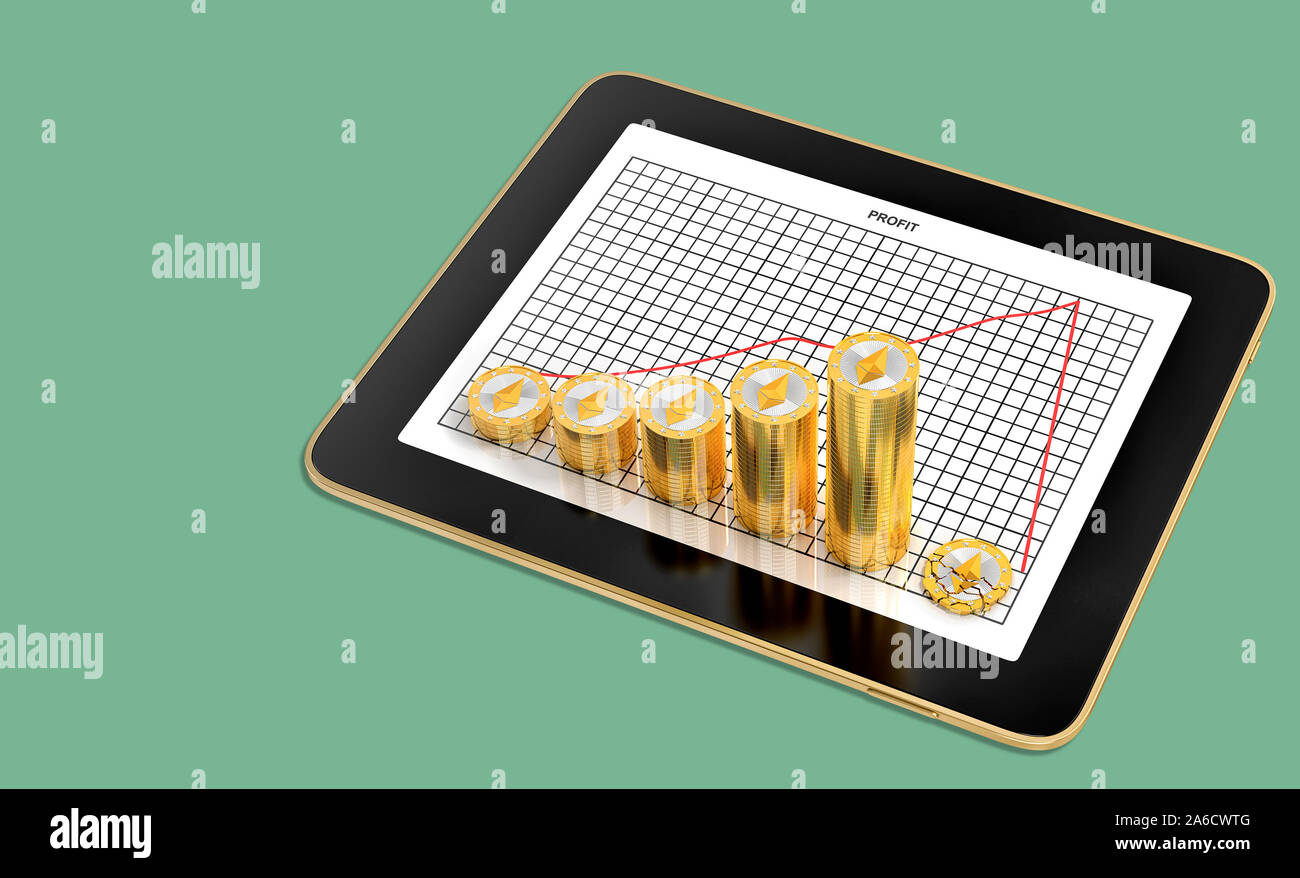 Ethereum Crash - Tablet showing profit chart with stacks of golden Ethereum  coins on it - 3D Rendering Stock Photo - Alamy