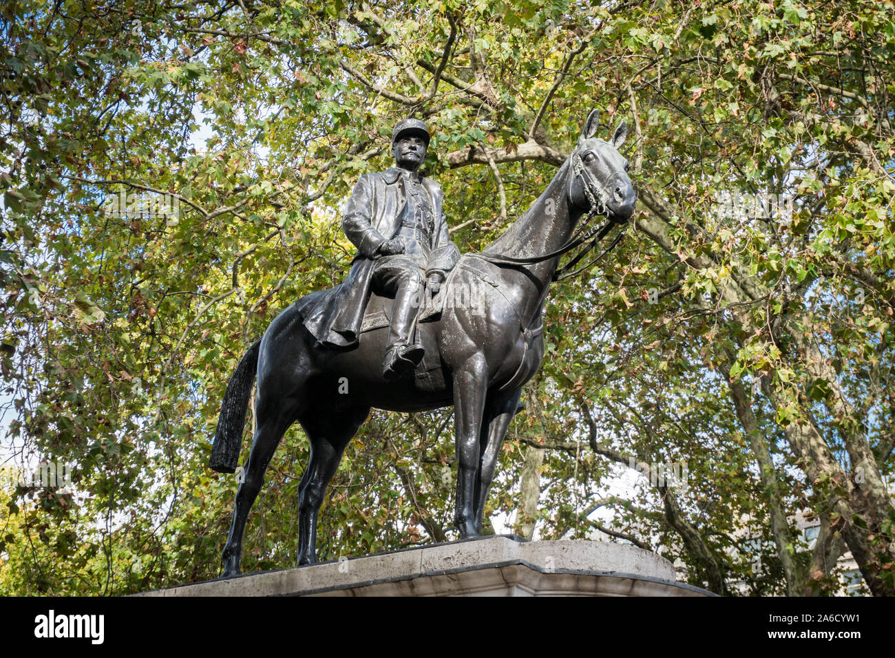 Equestrian statue of Ferdinand Foch 1851-1929, an honorary Field Marshall in the British Army.  It stands in Lower Grosvenor Gardens, London, UK Stock Photo