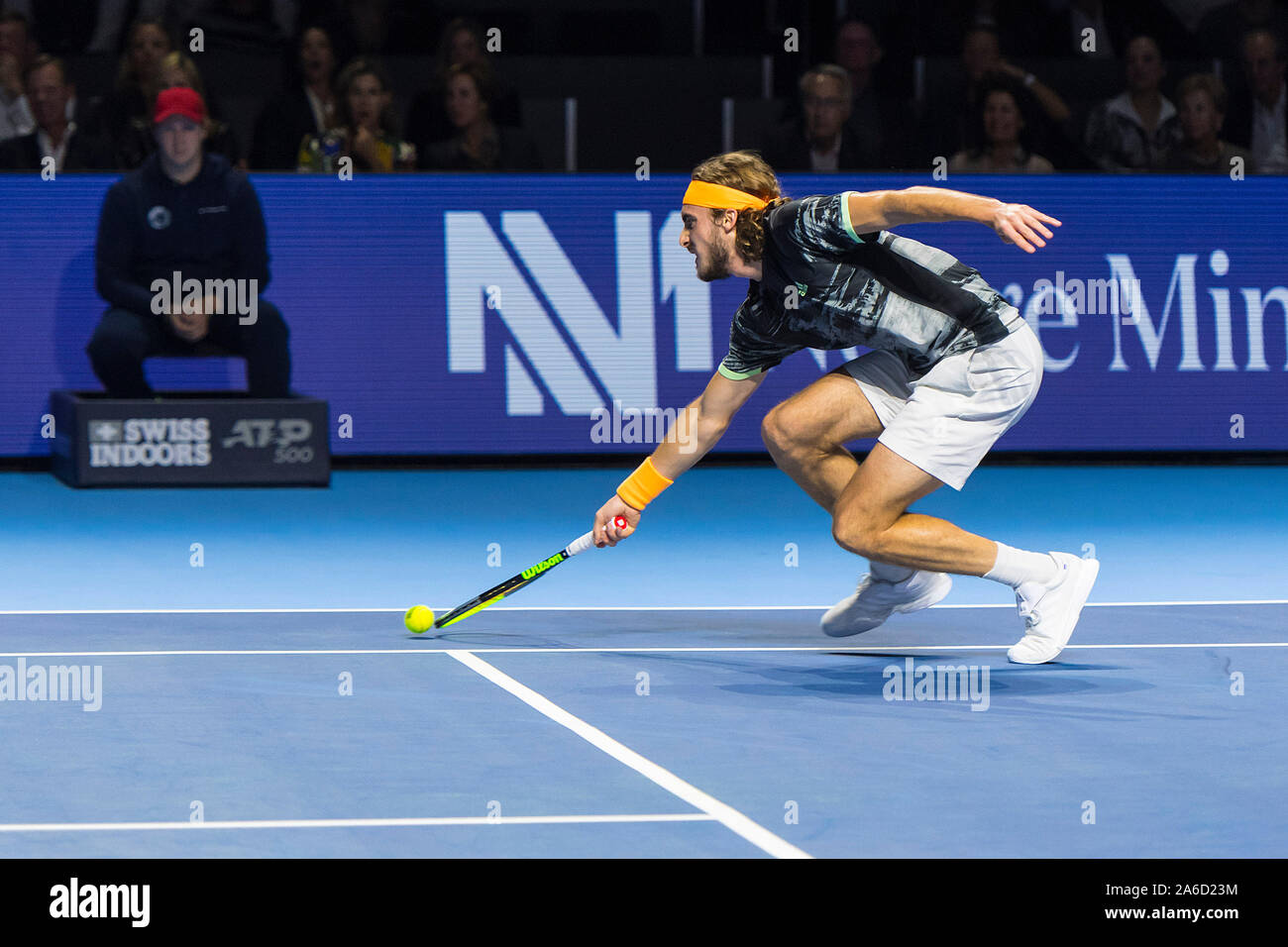 St. Jakobshalle, Basel, Switzerland. 25th Oct, 2019. ATP World Tour Tennis,  Swiss Indoors; Stefanos Tsitsipas (GRE) chases a dropshot in the match  against Filip Krajinovic (SRB) - Editorial Use Credit: Action Plus