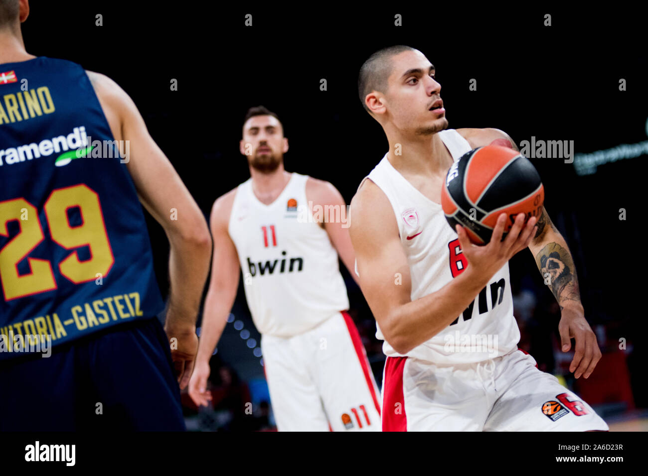 Vitoria, Spain. 25th October, 2019. Antonis Koniaris (Olympiacos) controls  the ball during the basketball match of Season 2018/2019 of Turkish  Airlines EuroLeague between Saski Baskonia and BC Olympiacos at Fernando  Buesa Arena