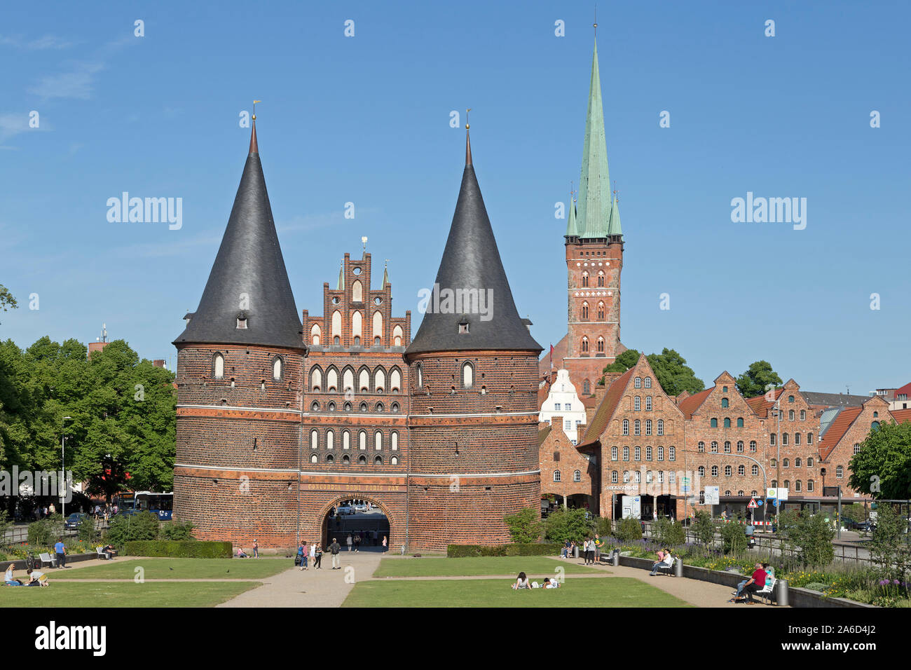 Holsten Gate, Church of St Peter and Salt Stores in Lübeck in Schleswig-Holstein, Germany. Stock Photo