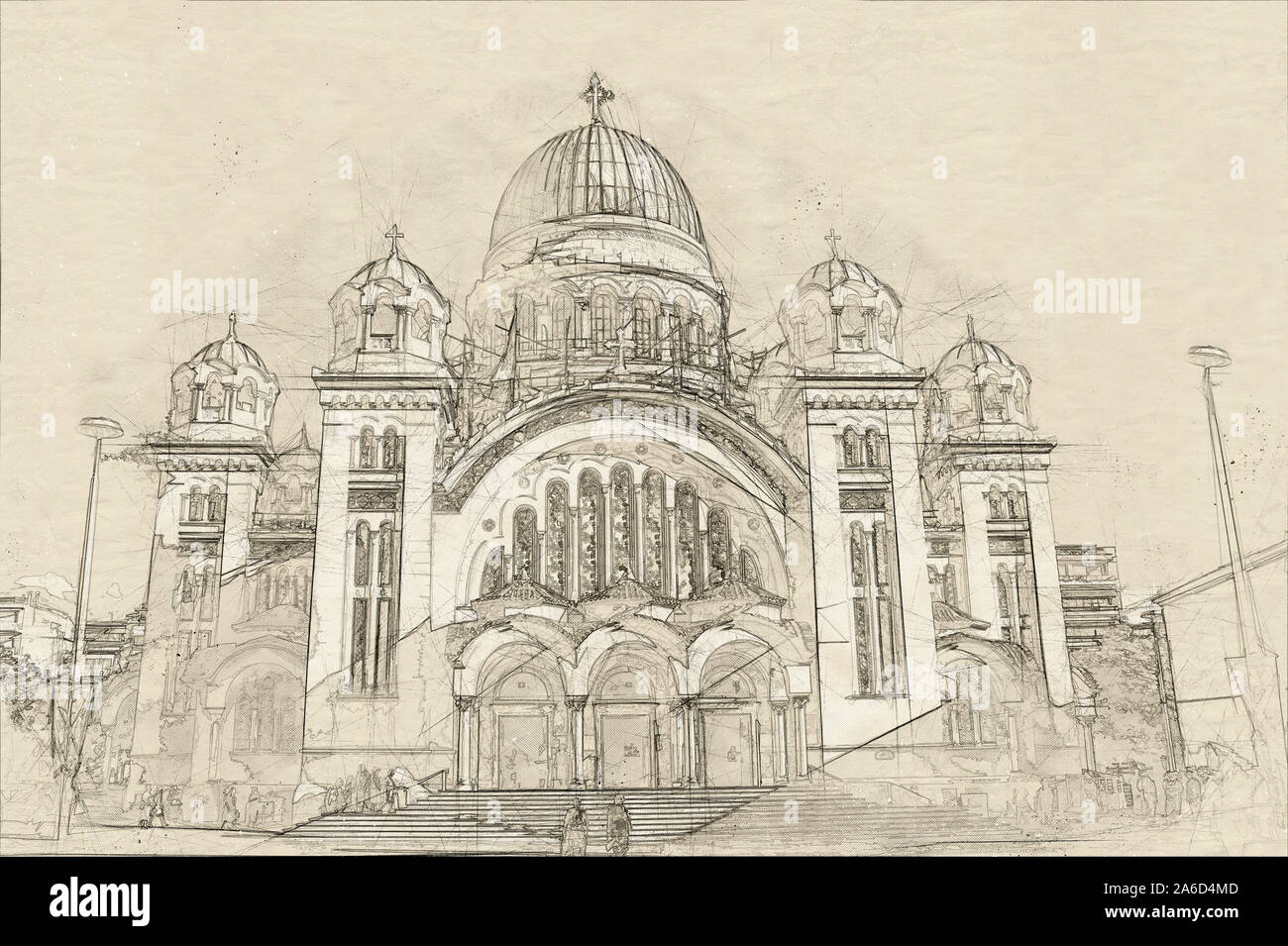 Sketch of St. Andrew's Cathedral in Patra, Peloponnes, Greece Stock Photo