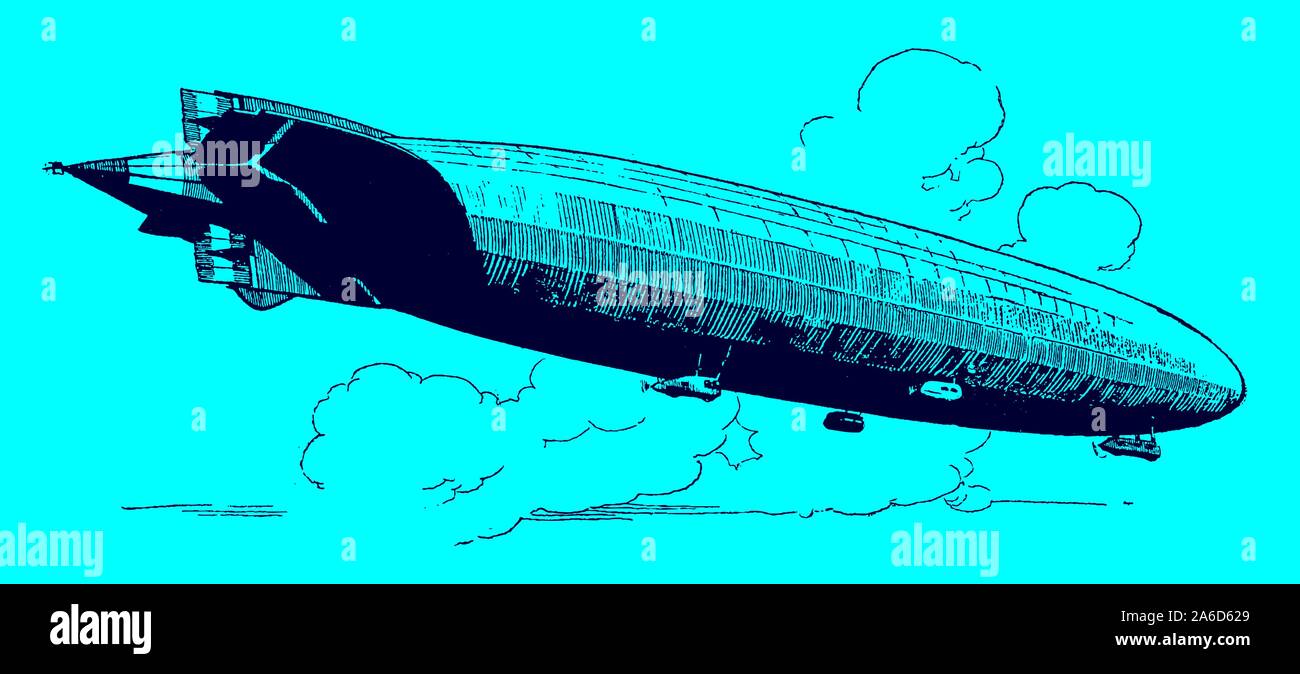 Gigantic historical airship flying in front of large clouds on a blue background. Editable in layers Stock Vector