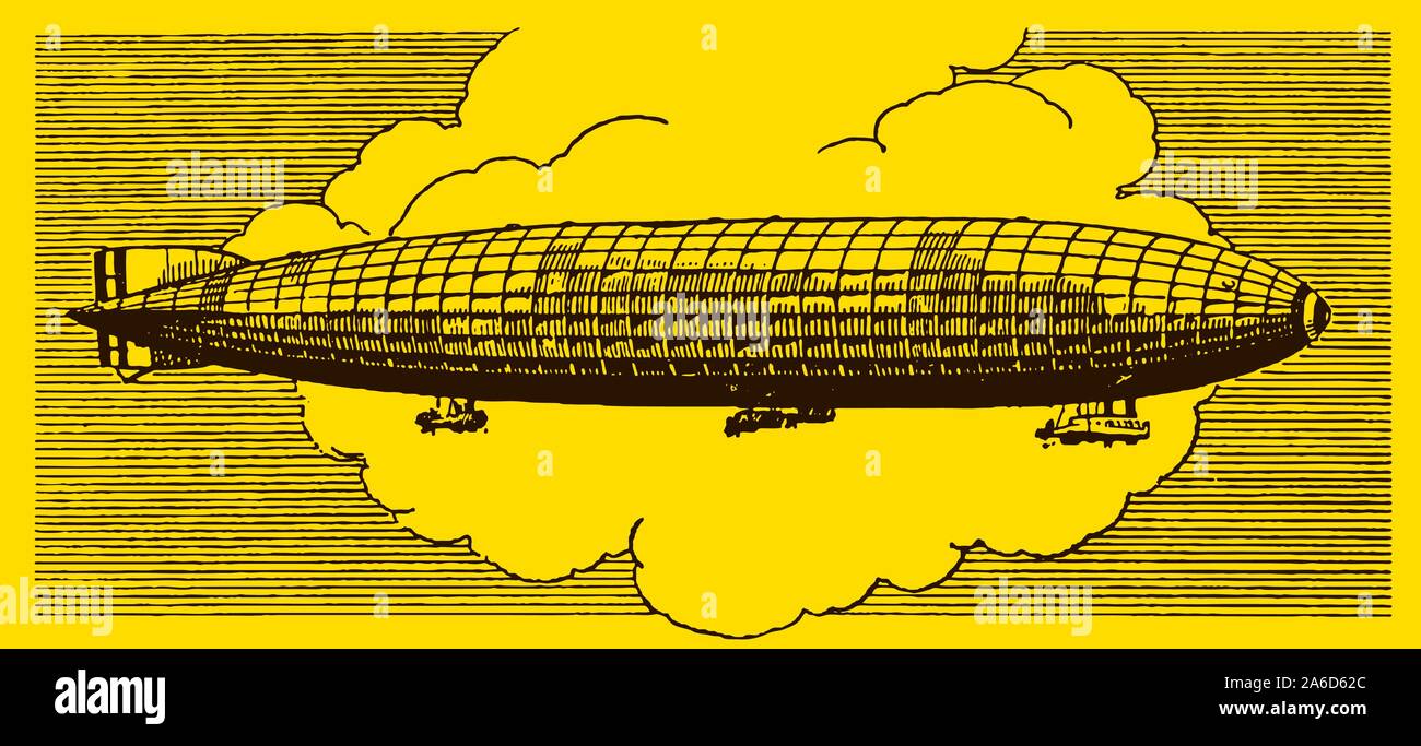 Huge historical airship flying in front of large cumulus clouds at sundown on a yellow background. Editable in layers Stock Vector