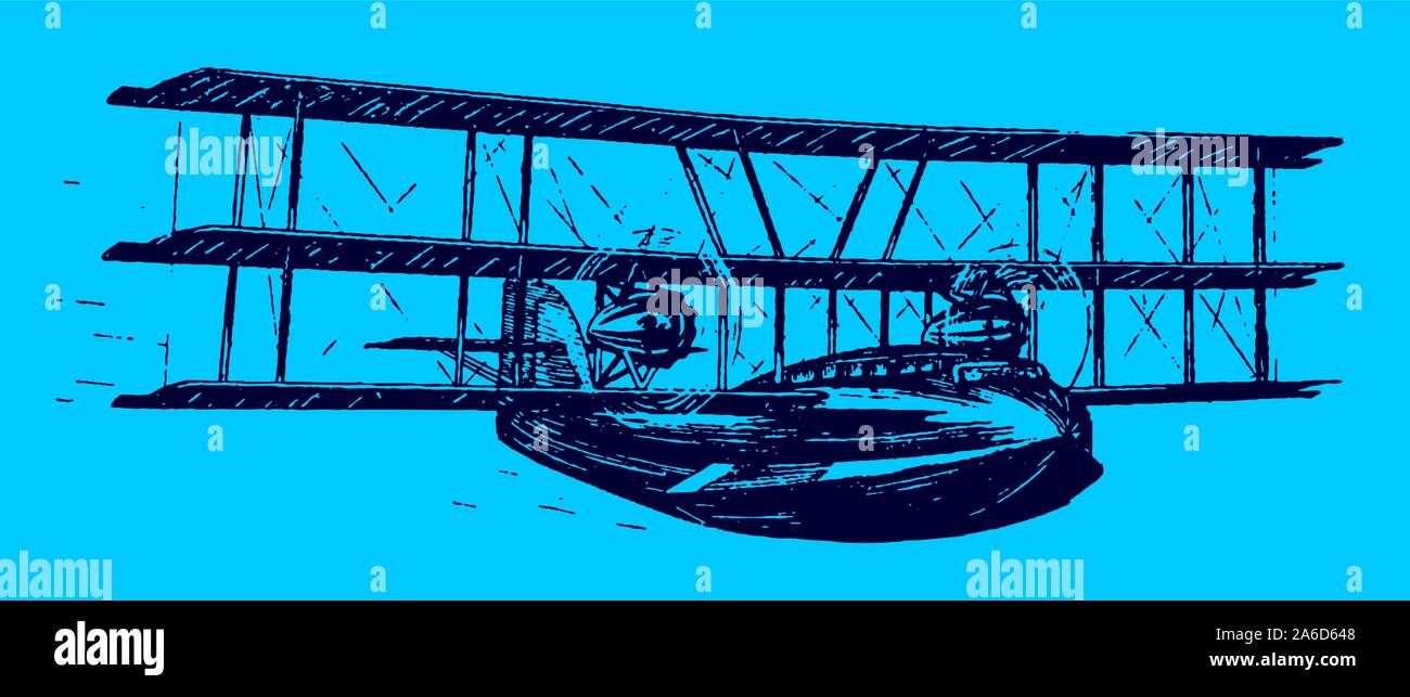 Triplane Vector Flying historical triplane seaplane on a blue background. Editable in ...