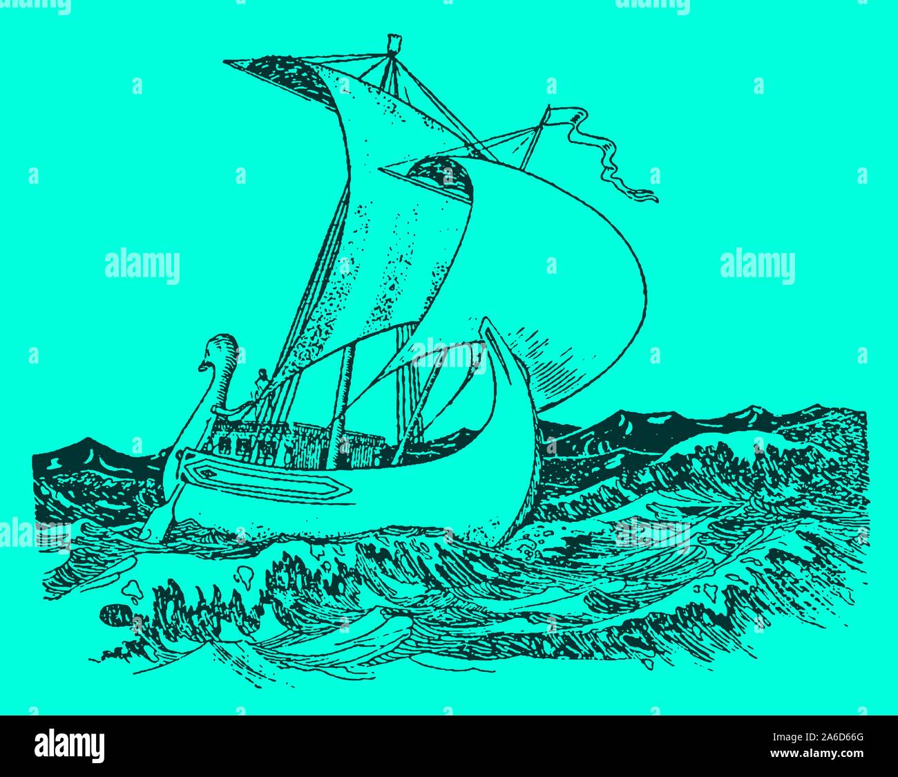 Ancient roman merchant ship sailing on the waves of the mediterranean sea on a blue-green background. Editable in layers Stock Vector