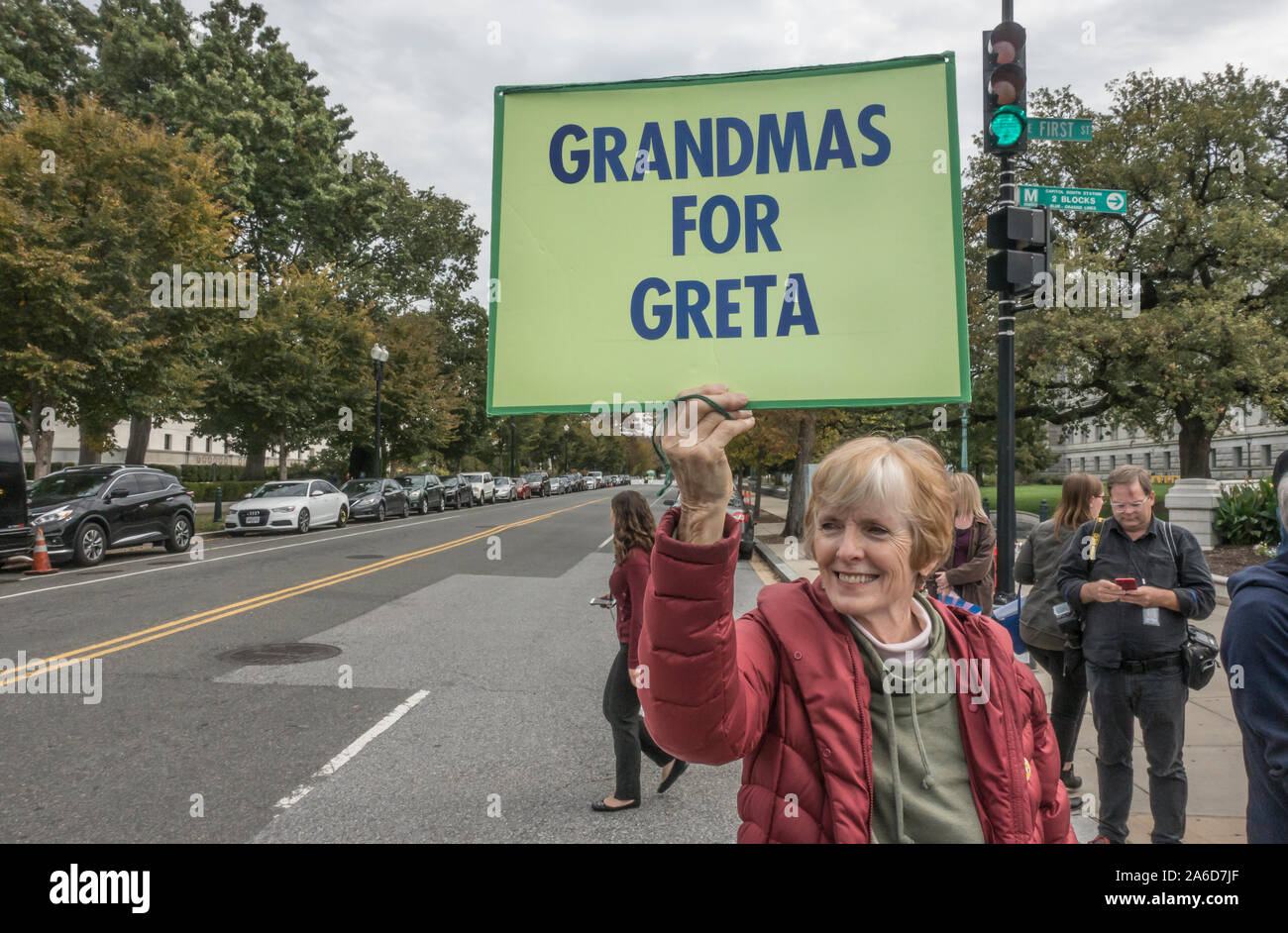 Washington, DC - Oct. 25, 2019: Supporter of Greta Thunberg at actress and activist Jane Fonda's ongoing Fire Drill Friday protest at the U.S. Capitol demanding government action on climate change and ending reliance on 'corrupt' fossil fuel industry. demonstration. Stock Photo