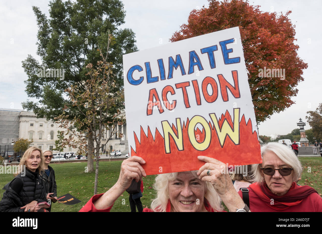 Washington, DC - Oct. 25, 2019: Participant at actress and activist Jane Fonda's ongoing Fire Drill Friday protest at the U.S. Capitol demanding government action on climate change and ending reliance on 'corrupt' fossil fuel industry. Stock Photo