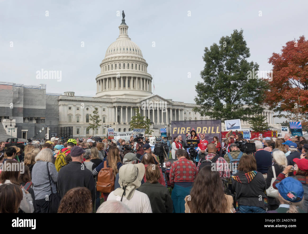 Washington, DC - Oct. 25, 2019: Actress and activist Jane Fonda's ongoing Fire Drill Friday protest at the U.S. Capitol demanding government action on climate change and ending reliance on 'corrupt' fossil fuel industry. Actor Ted Danson joined this third weekly demonstration. Stock Photo