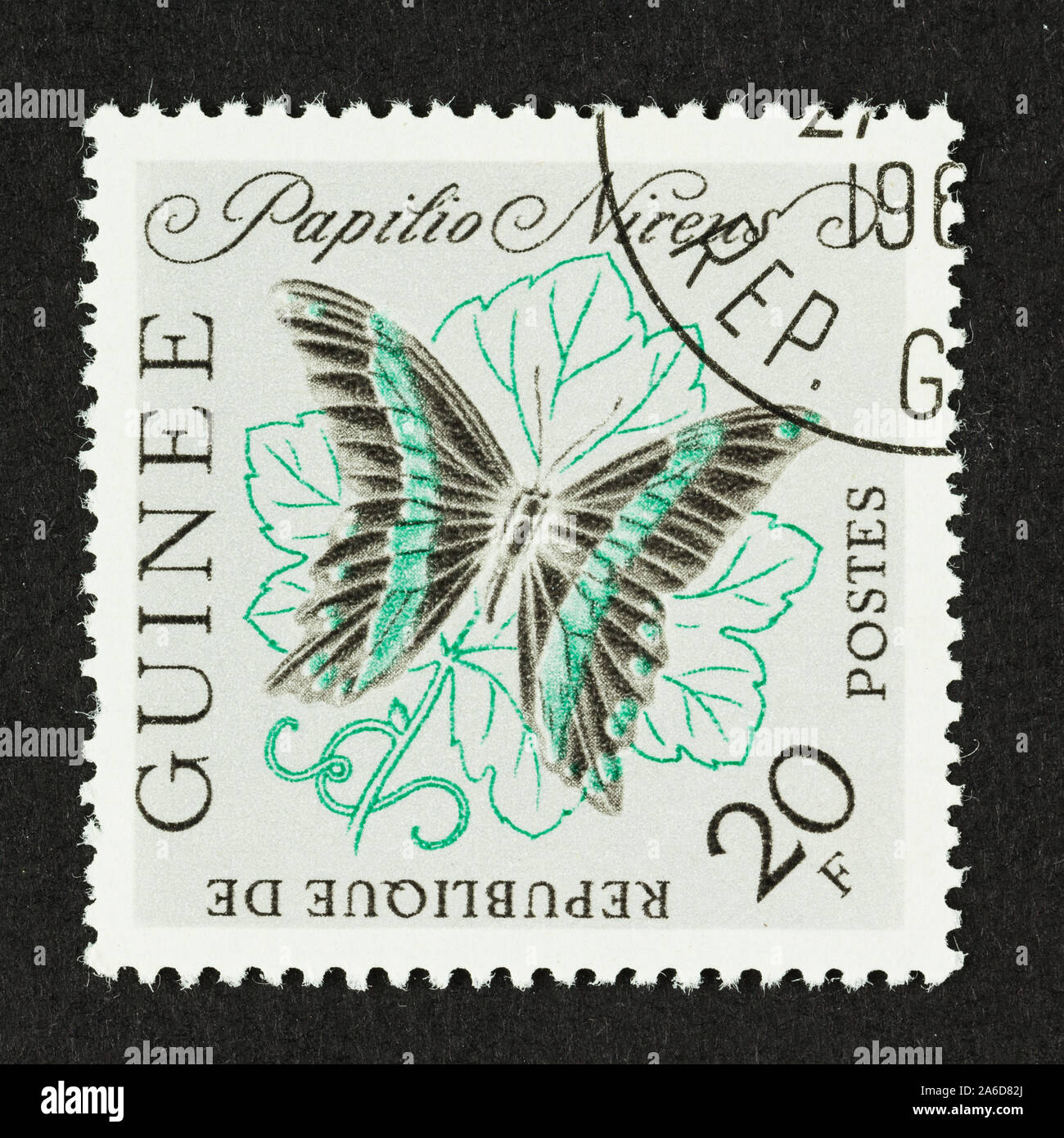 Close up of  postage stamp of the Republic of Guinea, featuring a butterfly. Papilio nireus, Green Banded Swallowtail butterfly.2o,20f Stock Photo