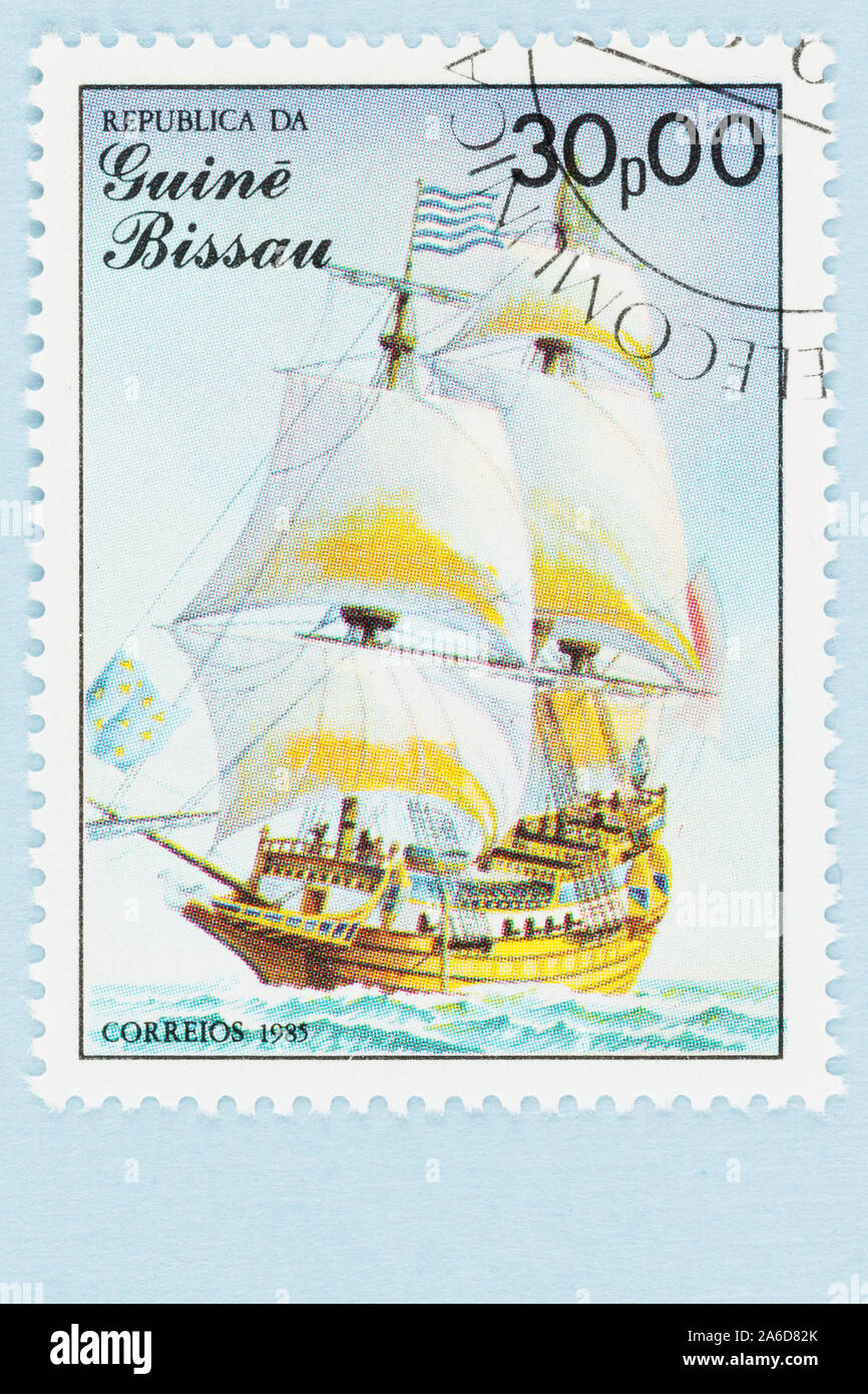 Stamp issued in 1985 by Guine Bissau Africa, featuring the St Louis, a French East Indiaman of the 1700s. Stock Photo