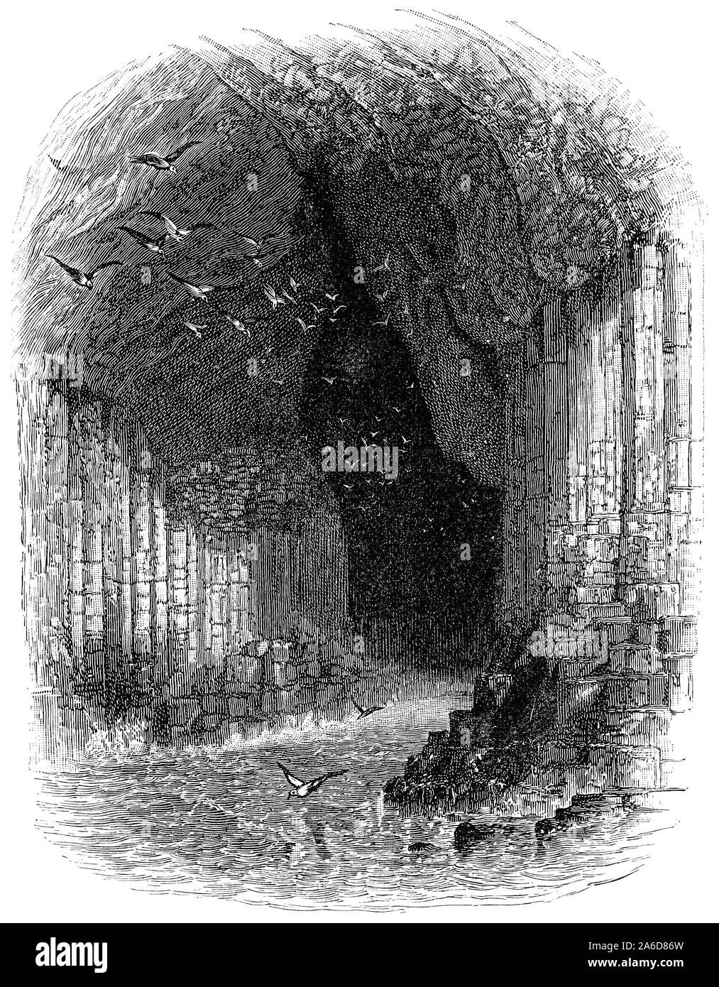1893 black and white engraving of the entrance to Fingal's Cave on the Island of Staffa in the Inner Hebrides, Scotland. Stock Photo